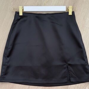 superdown x REVOLVE Women’s Black Satin Mini Skirt with Asymmetric Mesh Detail